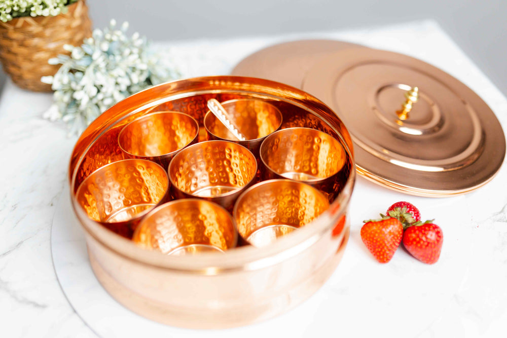 11 Piece Pure Copper Spice Box / Tray with 7 Spice Bowls - copperdirect