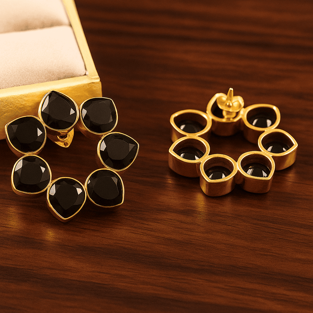 Black Onyx Brass Flower Earrings