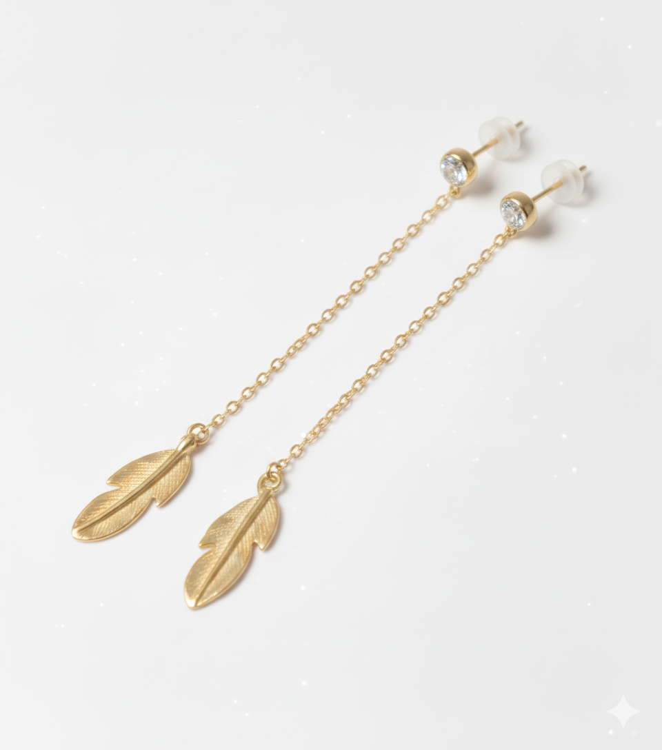 Gold Feather Drop Earrings