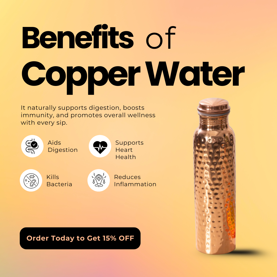 
                  
                    Hammered Copper water bottle with benefits listed on a gradient background
                  
                