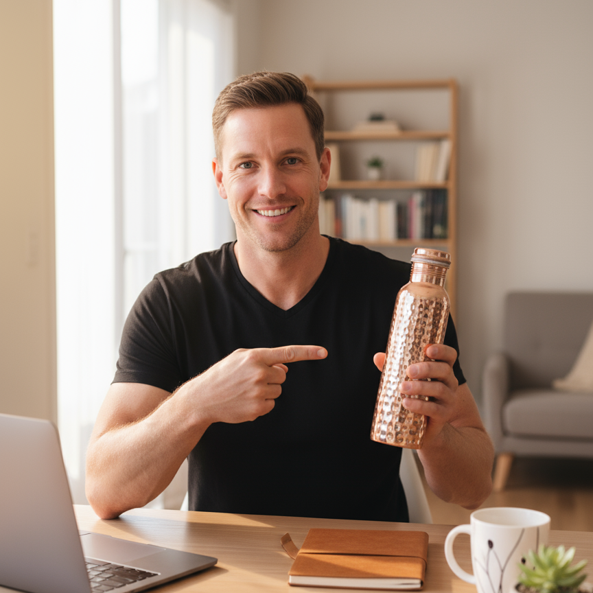 Man sitting at a desk with a laptop, holding a copper water bottle, and smiling.