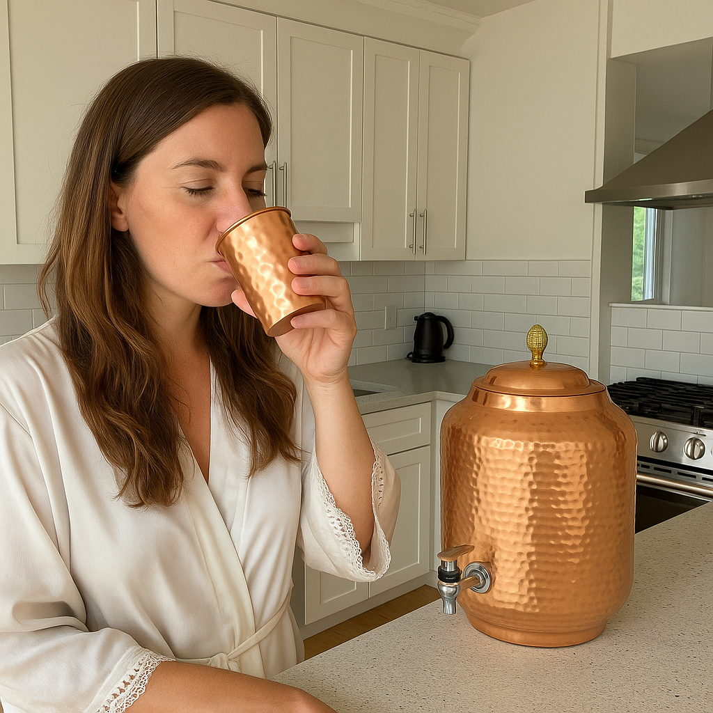 
                  
                    Woman in a kitchen drinking from a copper cup next to a large copper dispenser.
                  
                