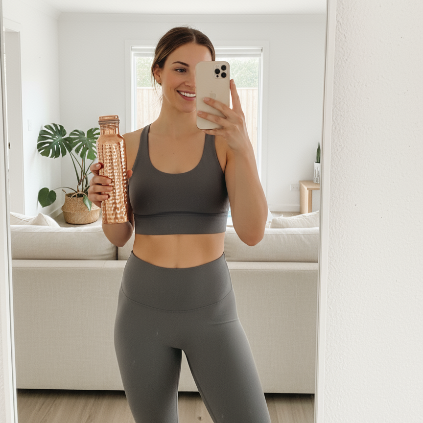 
                  
                    Woman in gray athletic yoga wear taking a mirror selfie with a phone, holding a a hammered copper water bottle.
                  
                